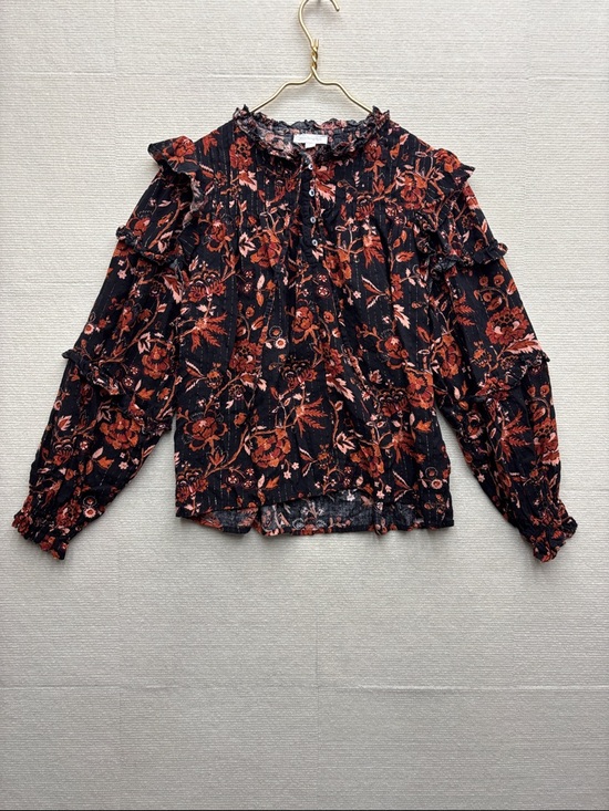 Jennifer & Grace Tops - Jennifer & Grace | large boho Ruffle Long-Sleeve Blouse - Black with Rust Floral